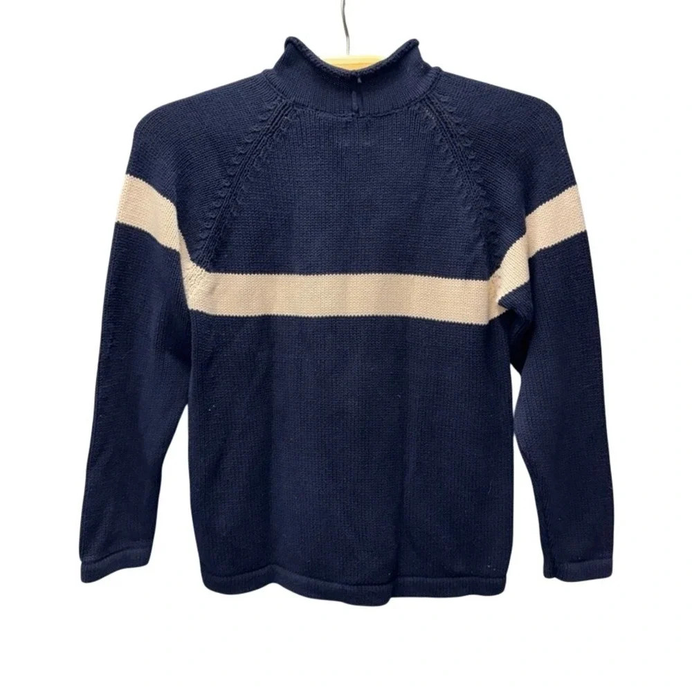 Gap Mens Navy Blue Cream Stripe Mock Neck Cotton Knit Sweater Large RN 54023